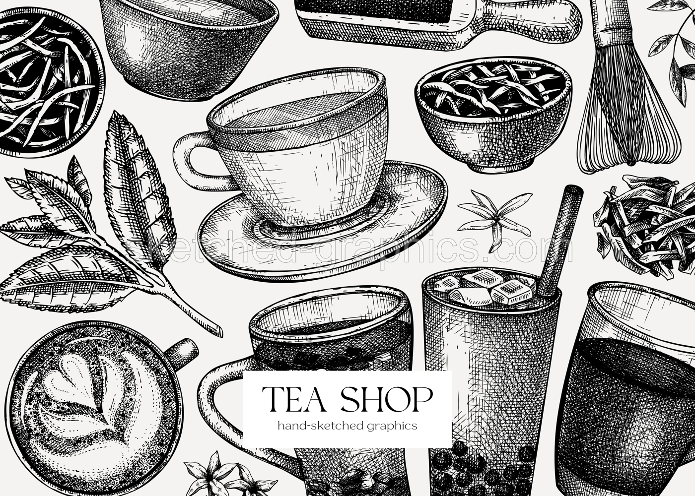 Tea shop or cafe design with hand-sketched tea drinks illustrations. Vector sketches of teacups, glasses, dried leaves, jasmine blossoms. Popular beverages background for menu or banner template Illustration